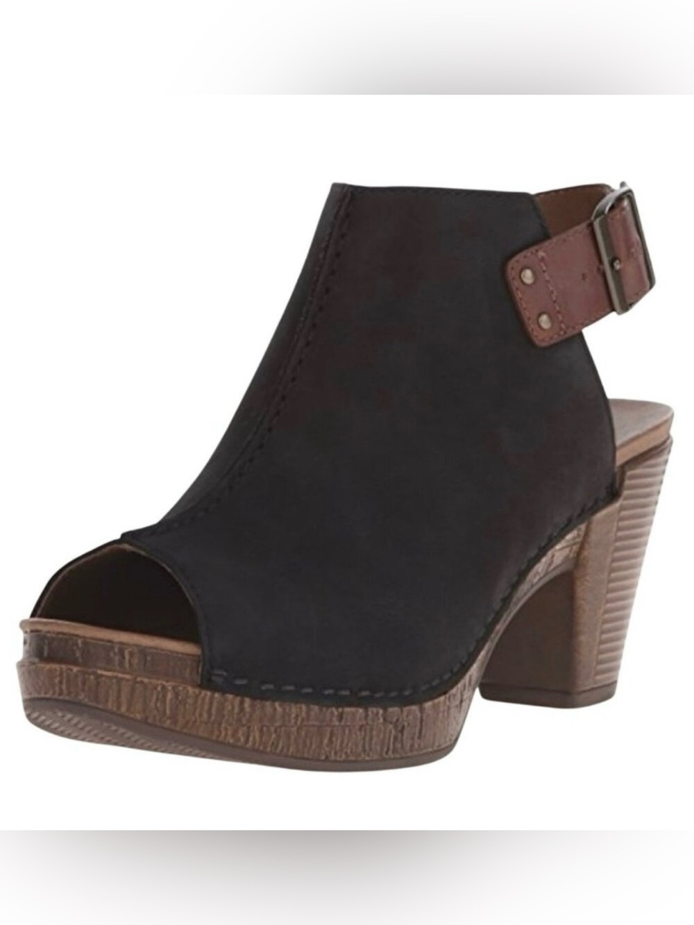 Dansko Reggie Peep-Toe Black Leather platform with Brown Buckle size 37